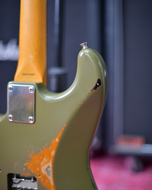 Fender Japan Stratocaster Olive Drab on Sunburst Medium Relic MIJ T Serial